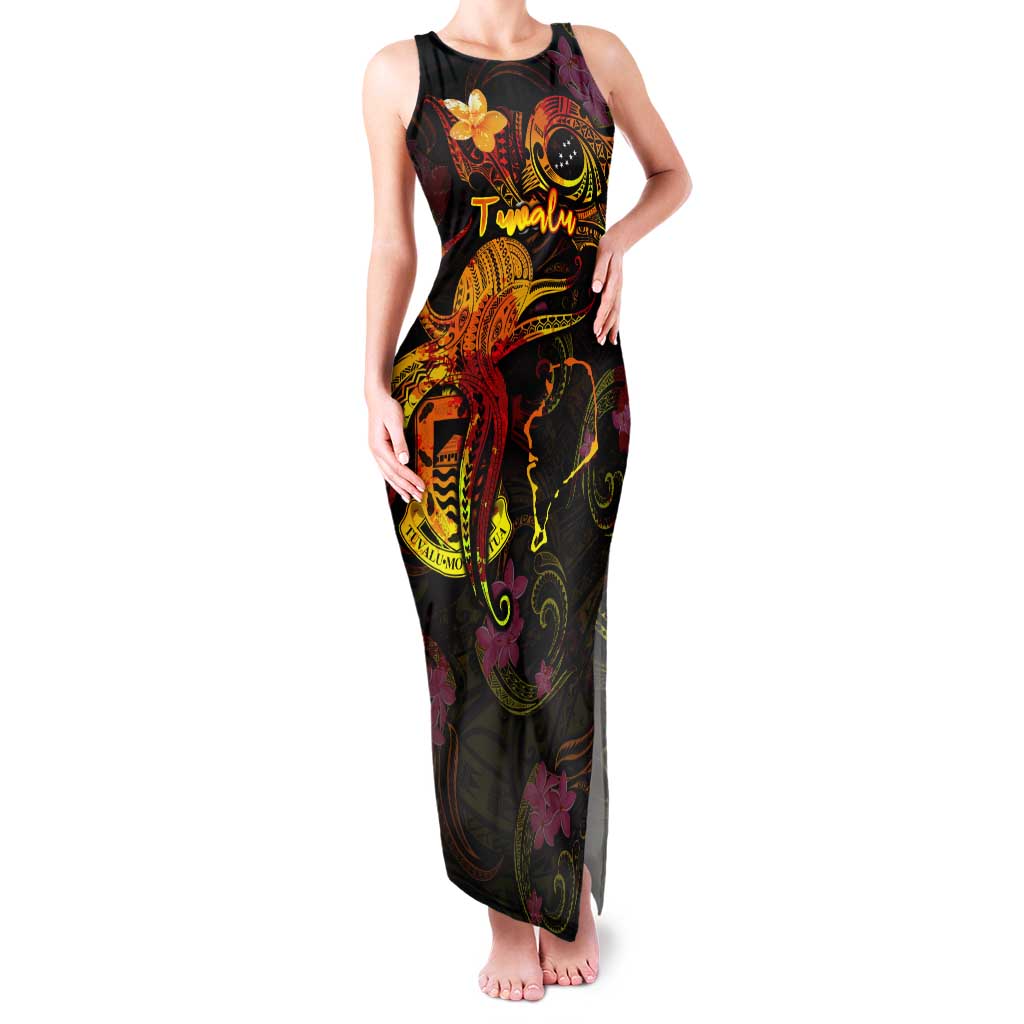 Tuvalu Family Matching Tank Maxi Dress and Hawaiian Shirt Octopus Plumeria Polynesian Tattoo DT02 Mom's Dress Black - Polynesian Pride