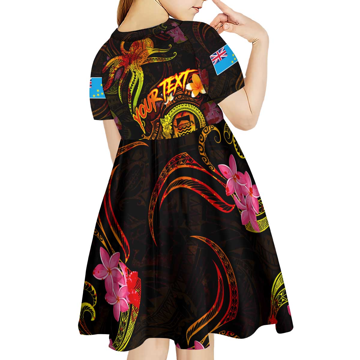 Tuvalu Kid Short Sleeve Dress Octopus Plumeria Polynesian Tattoo