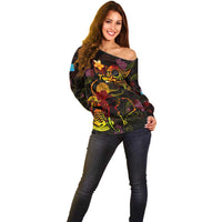 Tuvalu Off Shoulder Sweater Octopus Plumeria Polynesian Tattoo