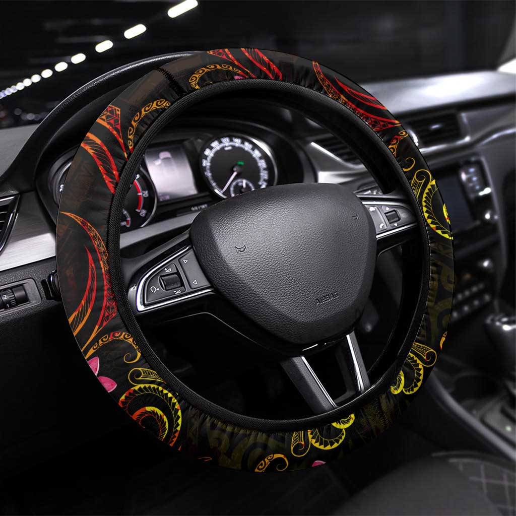 Tuvalu Steering Wheel Cover Octopus Plumeria Polynesian Tattoo DT02 Universal Fit Black - Polynesian Pride