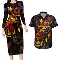 Northern Mariana Islands Couples Matching Long Sleeve Bodycon Dress and Hawaiian Shirt Octopus Plumeria Polynesian Tattoo DT02 Black - Polynesian Pride