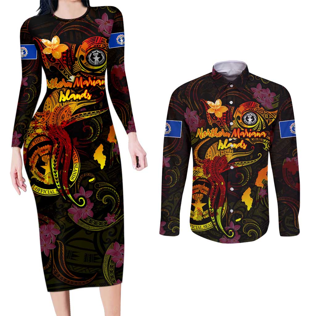 Northern Mariana Islands Couples Matching Long Sleeve Bodycon Dress and Long Sleeve Button Shirt Octopus Plumeria Polynesian Tattoo DT02 Black - Polynesian Pride