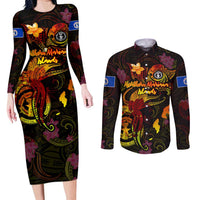 Northern Mariana Islands Couples Matching Long Sleeve Bodycon Dress and Long Sleeve Button Shirt Octopus Plumeria Polynesian Tattoo DT02 Black - Polynesian Pride