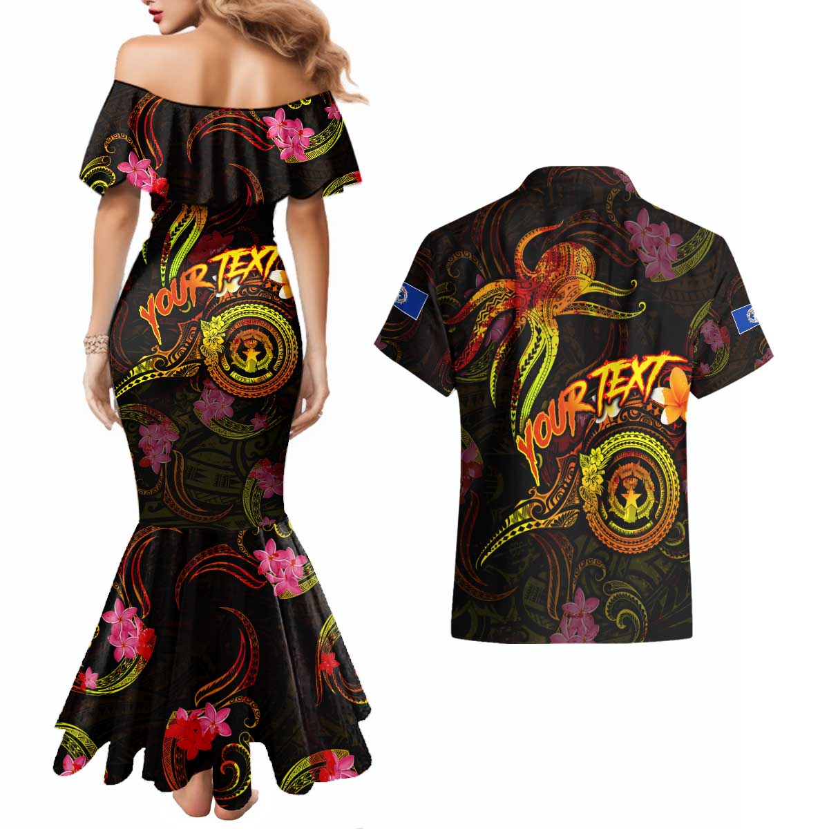 Northern Mariana Islands Couples Matching Mermaid Dress and Hawaiian Shirt Octopus Plumeria Polynesian Tattoo DT02 - Polynesian Pride