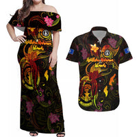 Northern Mariana Islands Couples Matching Off Shoulder Maxi Dress and Hawaiian Shirt Octopus Plumeria Polynesian Tattoo DT02 Black - Polynesian Pride