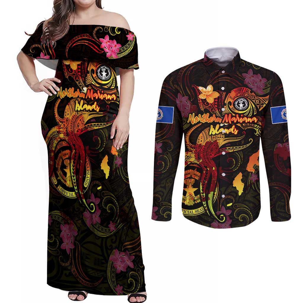Northern Mariana Islands Couples Matching Off Shoulder Maxi Dress and Long Sleeve Button Shirt Octopus Plumeria Polynesian Tattoo DT02 Black - Polynesian Pride