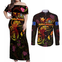 Northern Mariana Islands Couples Matching Off Shoulder Maxi Dress and Long Sleeve Button Shirt Octopus Plumeria Polynesian Tattoo DT02 Black - Polynesian Pride