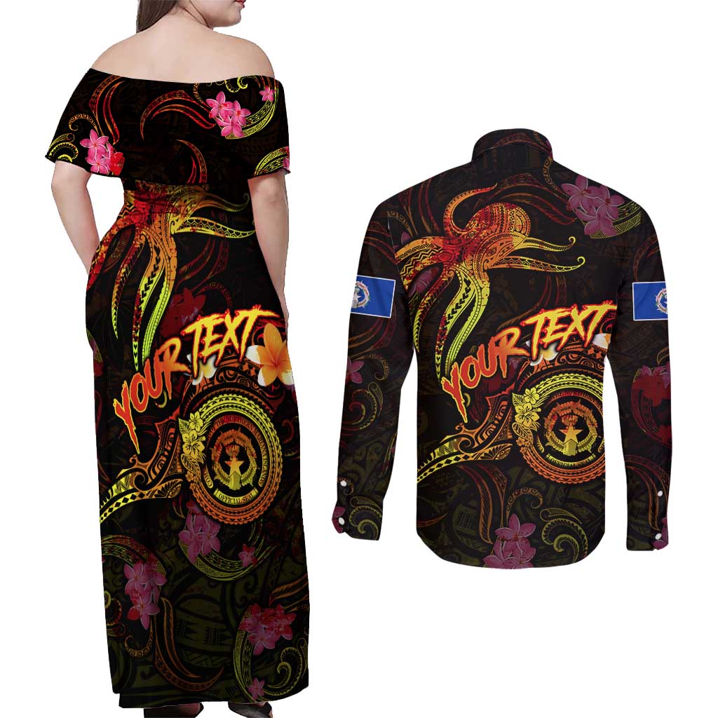 Northern Mariana Islands Couples Matching Off Shoulder Maxi Dress and Long Sleeve Button Shirt Octopus Plumeria Polynesian Tattoo DT02 - Polynesian Pride