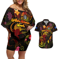 Northern Mariana Islands Couples Matching Off Shoulder Short Dress and Hawaiian Shirt Octopus Plumeria Polynesian Tattoo DT02 Black - Polynesian Pride