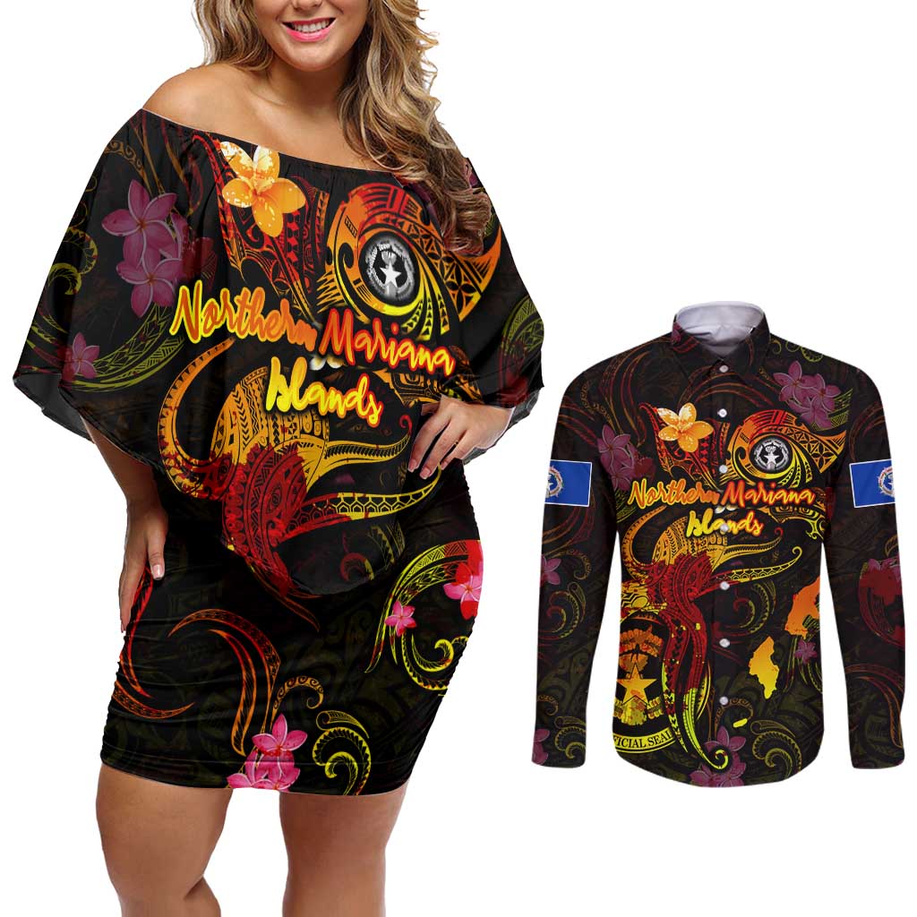 Northern Mariana Islands Couples Matching Off Shoulder Short Dress and Long Sleeve Button Shirt Octopus Plumeria Polynesian Tattoo DT02 Black - Polynesian Pride