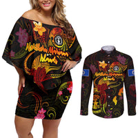 Northern Mariana Islands Couples Matching Off Shoulder Short Dress and Long Sleeve Button Shirt Octopus Plumeria Polynesian Tattoo DT02 Black - Polynesian Pride
