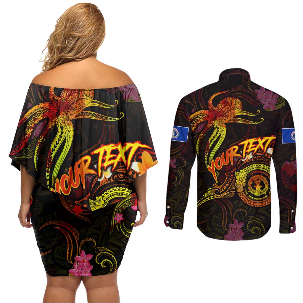 Northern Mariana Islands Couples Matching Off Shoulder Short Dress and Long Sleeve Button Shirt Octopus Plumeria Polynesian Tattoo DT02 - Polynesian Pride