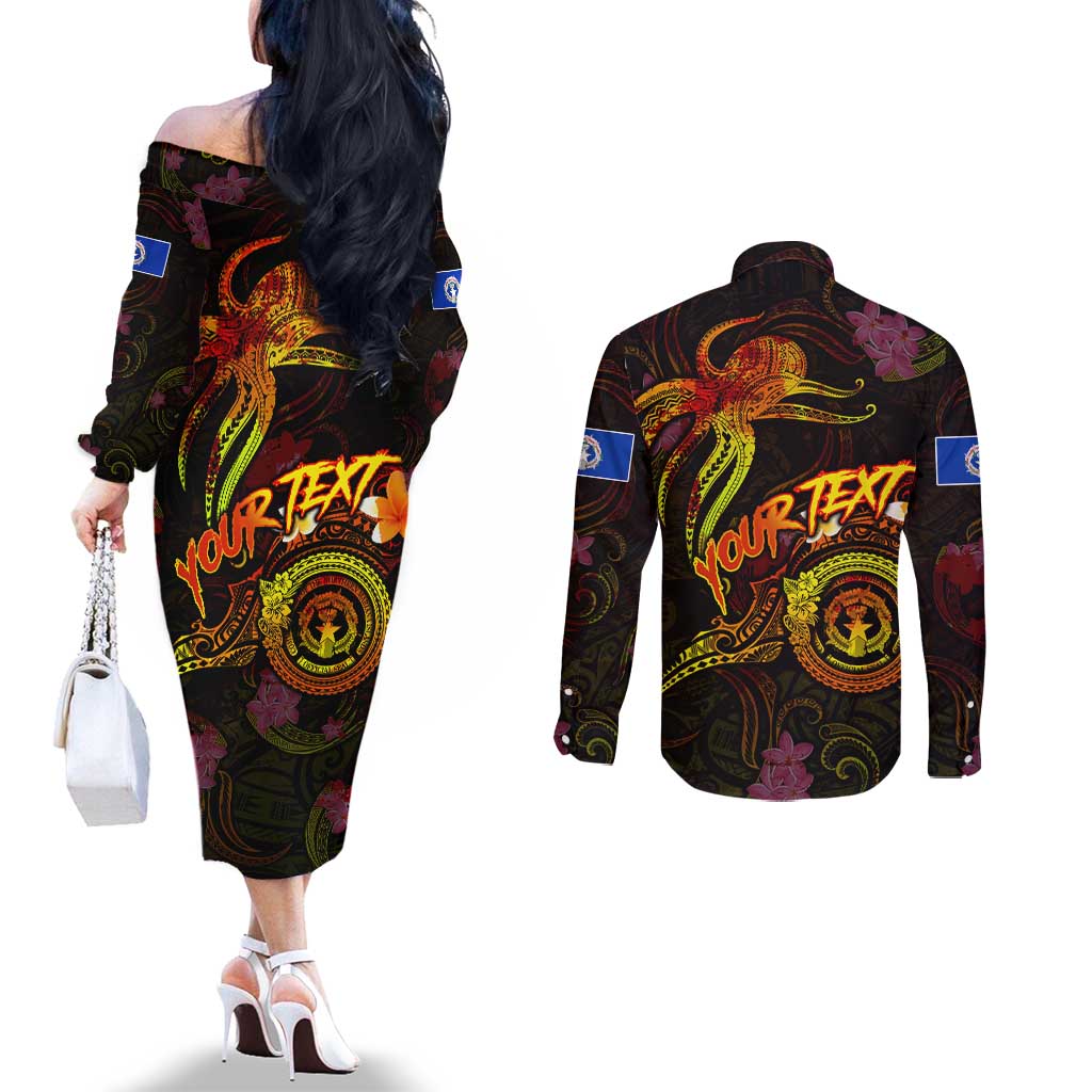 Northern Mariana Islands Couples Matching Off The Shoulder Long Sleeve Dress and Long Sleeve Button Shirt Octopus Plumeria Polynesian Tattoo DT02 - Polynesian Pride