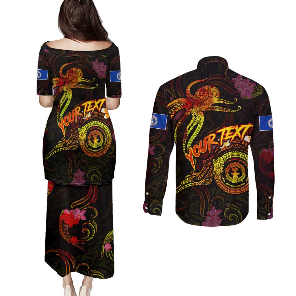 Northern Mariana Islands Couples Matching Puletasi and Long Sleeve Button Shirt Octopus Plumeria Polynesian Tattoo