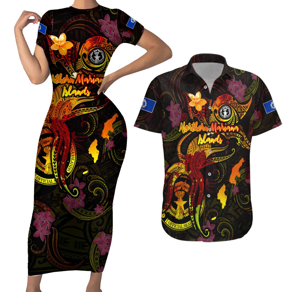 Northern Mariana Islands Couples Matching Short Sleeve Bodycon Dress and Hawaiian Shirt Octopus Plumeria Polynesian Tattoo DT02 Black - Polynesian Pride