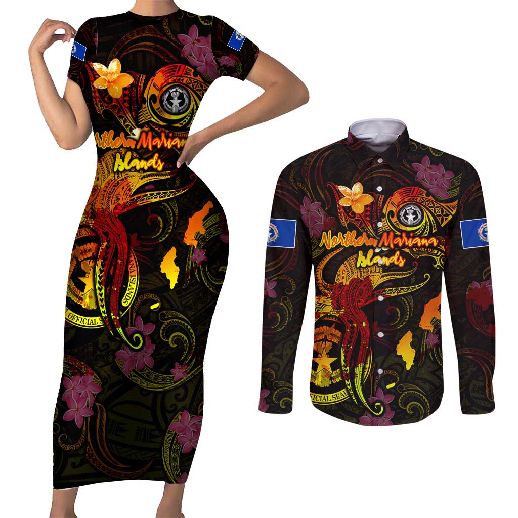 Northern Mariana Islands Couples Matching Short Sleeve Bodycon Dress and Long Sleeve Button Shirt Octopus Plumeria Polynesian Tattoo DT02 Black - Polynesian Pride