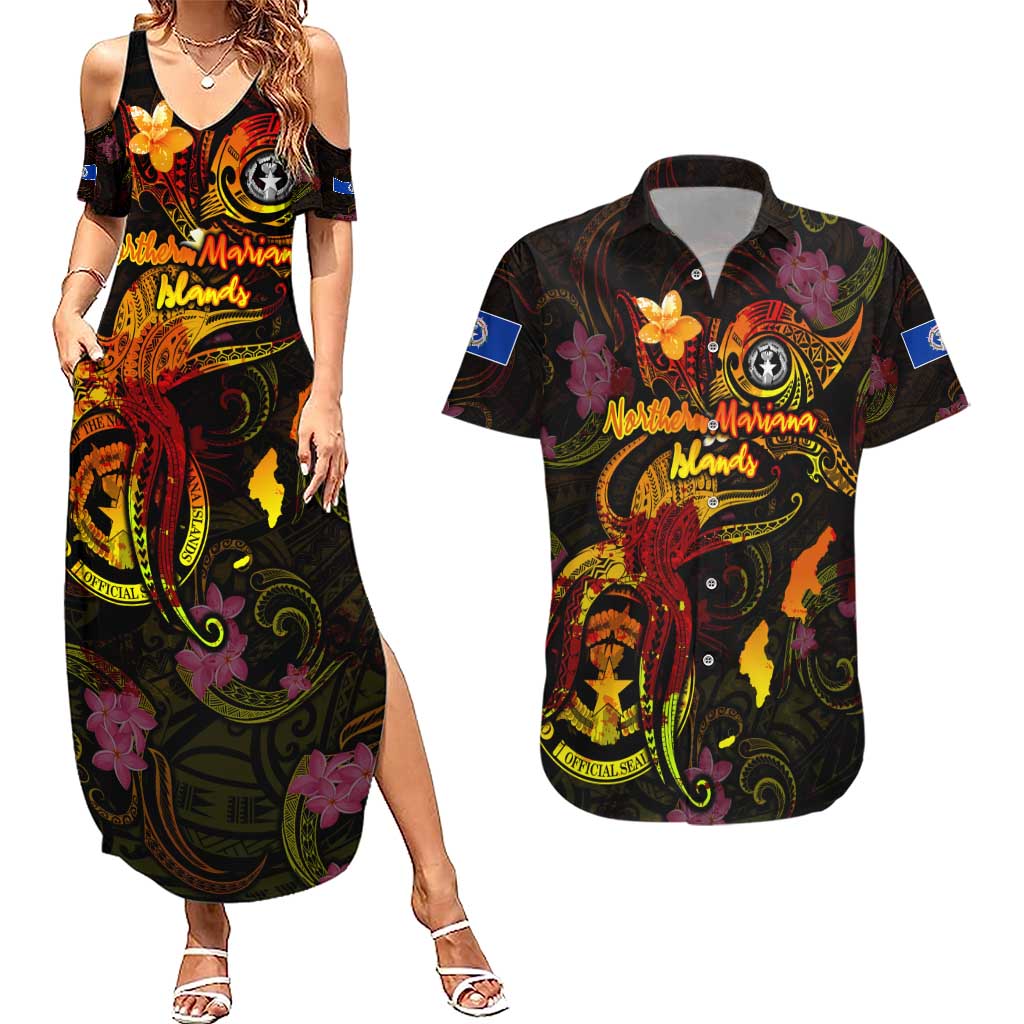 Northern Mariana Islands Couples Matching Summer Maxi Dress and Hawaiian Shirt Octopus Plumeria Polynesian Tattoo DT02 Black - Polynesian Pride