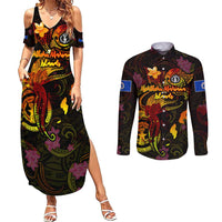Northern Mariana Islands Couples Matching Summer Maxi Dress and Long Sleeve Button Shirt Octopus Plumeria Polynesian Tattoo DT02 Black - Polynesian Pride