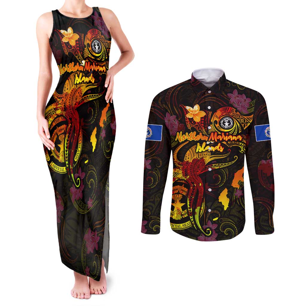 Northern Mariana Islands Couples Matching Tank Maxi Dress and Long Sleeve Button Shirt Octopus Plumeria Polynesian Tattoo DT02 Black - Polynesian Pride