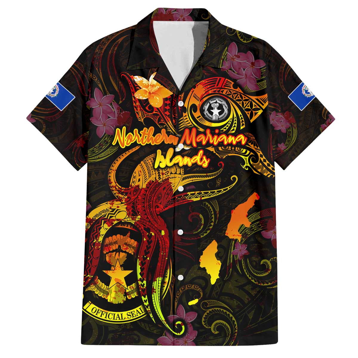 Northern Mariana Islands Family Matching Off The Shoulder Long Sleeve Dress and Hawaiian Shirt Octopus Plumeria Polynesian Tattoo DT02 Dad's Shirt - Short Sleeve Black - Polynesian Pride