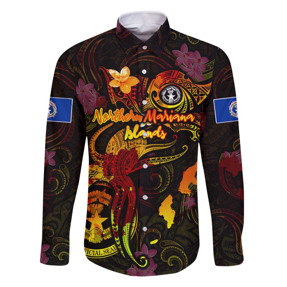 Northern Mariana Islands Family Matching Off The Shoulder Long Sleeve Dress and Hawaiian Shirt Octopus Plumeria Polynesian Tattoo DT02 Dad's Shirt - Long Sleeve Black - Polynesian Pride