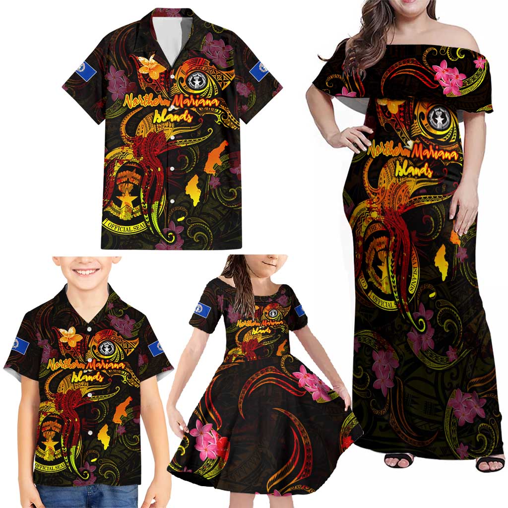 Northern Mariana Islands Family Matching Off Shoulder Maxi Dress and Hawaiian Shirt Octopus Plumeria Polynesian Tattoo DT02 - Polynesian Pride