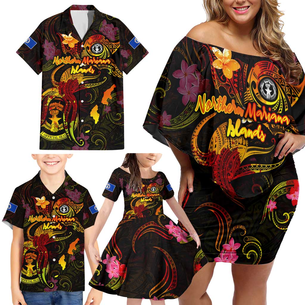 Northern Mariana Islands Family Matching Off Shoulder Short Dress and Hawaiian Shirt Octopus Plumeria Polynesian Tattoo DT02 - Polynesian Pride