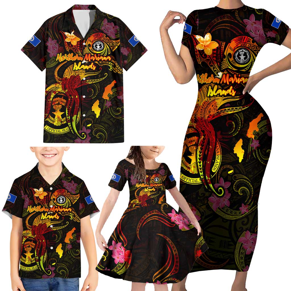 Northern Mariana Islands Family Matching Short Sleeve Bodycon Dress and Hawaiian Shirt Octopus Plumeria Polynesian Tattoo DT02 - Polynesian Pride