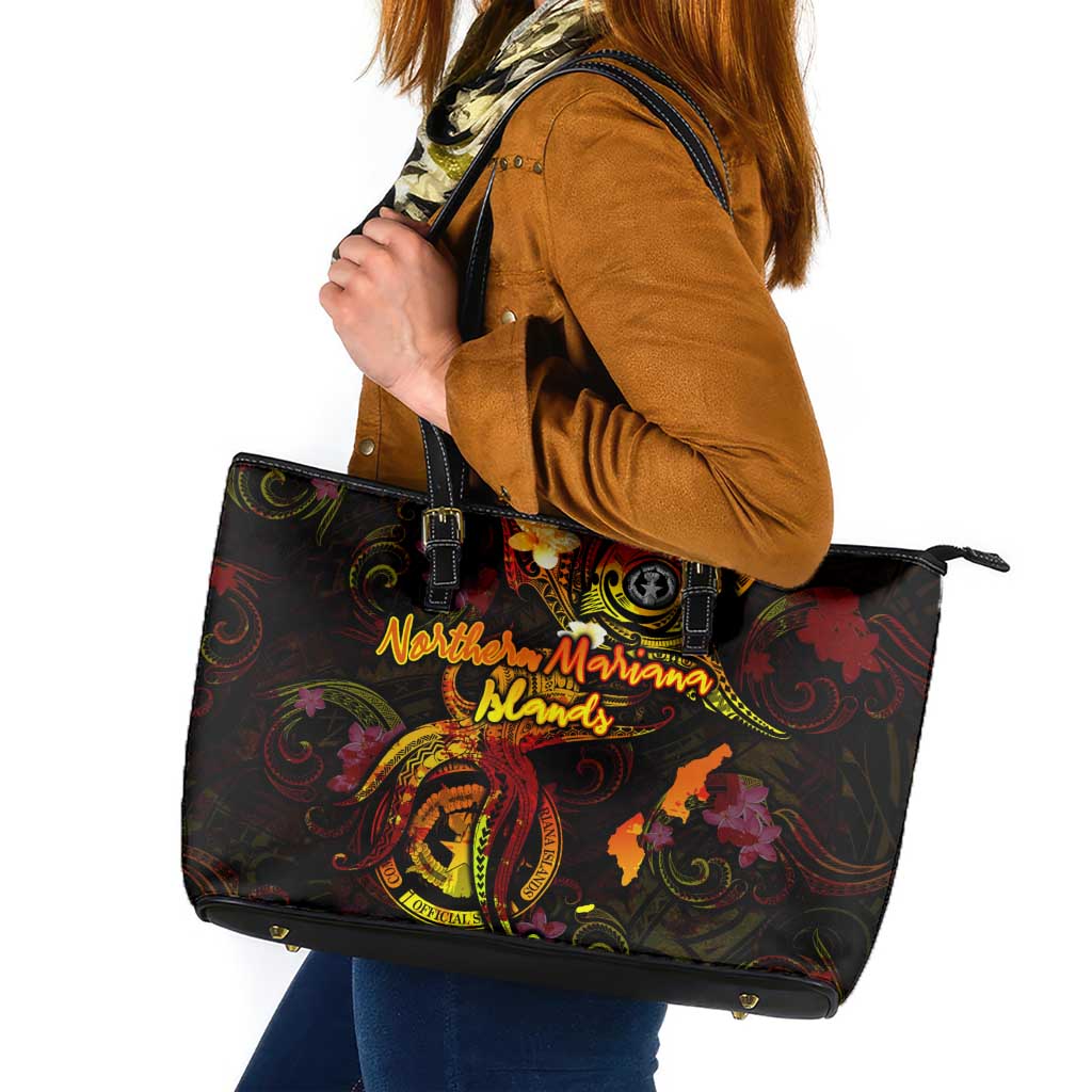 Northern Mariana Islands Leather Tote Bag Octopus Plumeria Polynesian Tattoo