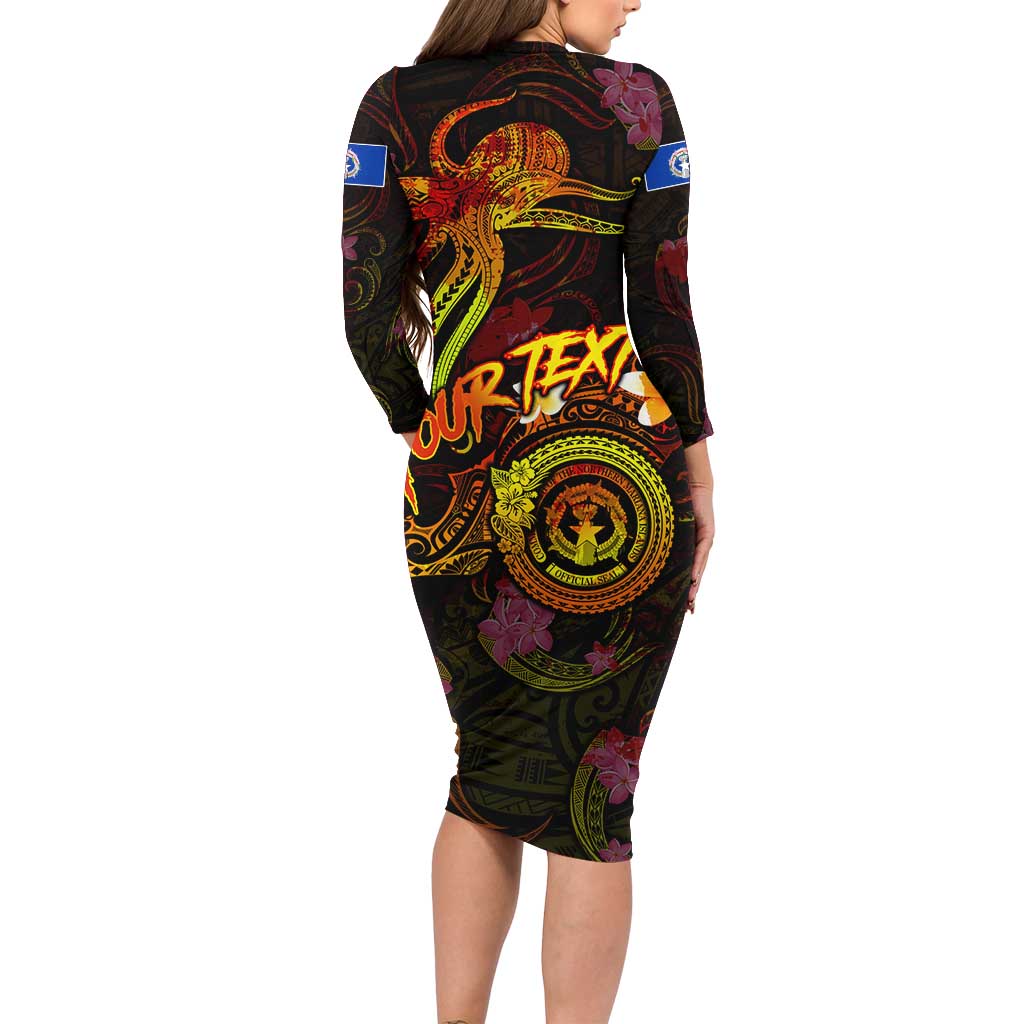 Northern Mariana Islands Long Sleeve Bodycon Dress Octopus Plumeria Polynesian Tattoo