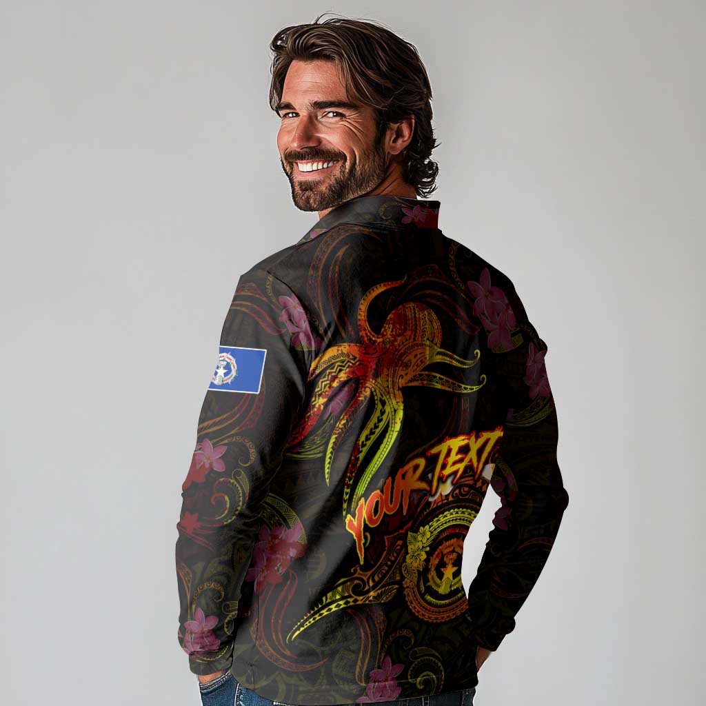 Northern Mariana Islands Long Sleeve Polo Shirt Octopus Plumeria Polynesian Tattoo