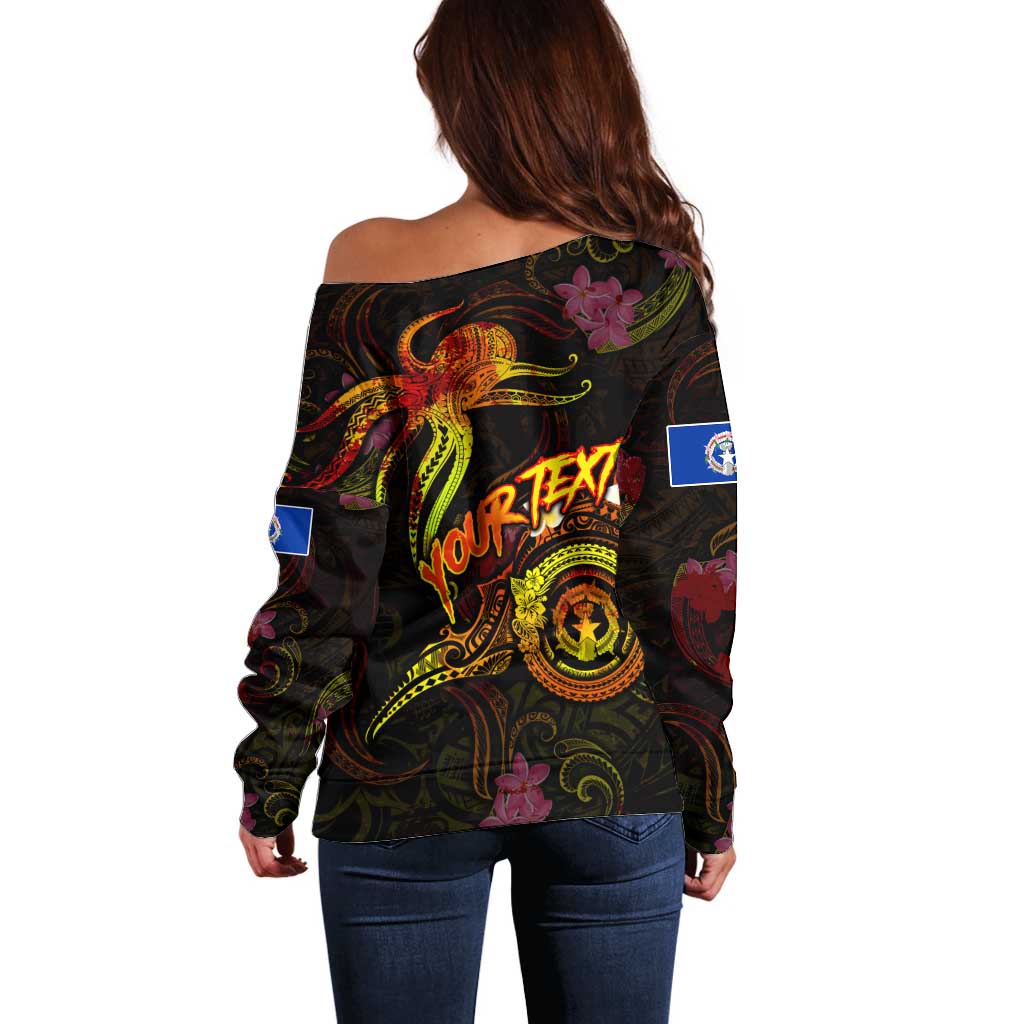 Northern Mariana Islands Off Shoulder Sweater Octopus Plumeria Polynesian Tattoo