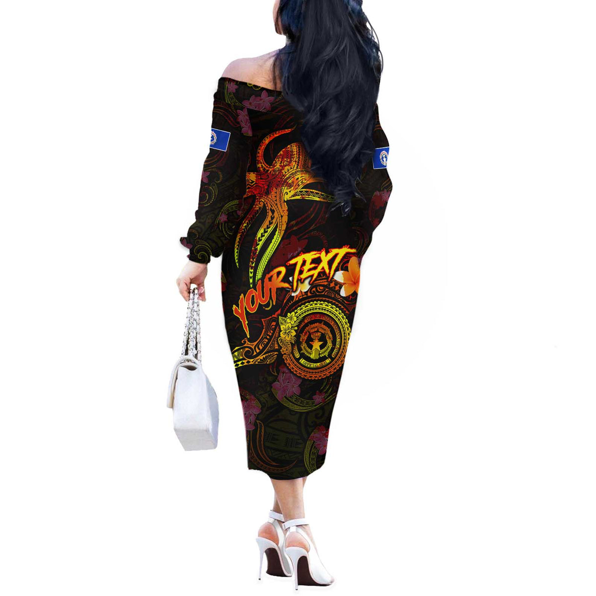 Northern Mariana Islands Off The Shoulder Long Sleeve Dress Octopus Plumeria Polynesian Tattoo