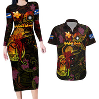 Marshall Islands Couples Matching Long Sleeve Bodycon Dress and Hawaiian Shirt Octopus Plumeria Polynesian Tattoo DT02 Black - Polynesian Pride