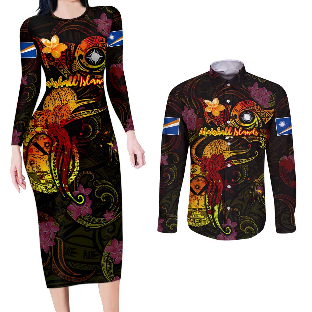 Marshall Islands Couples Matching Long Sleeve Bodycon Dress and Long Sleeve Button Shirt Octopus Plumeria Polynesian Tattoo DT02 Black - Polynesian Pride