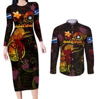 Marshall Islands Couples Matching Long Sleeve Bodycon Dress and Long Sleeve Button Shirt Octopus Plumeria Polynesian Tattoo DT02 Black - Polynesian Pride