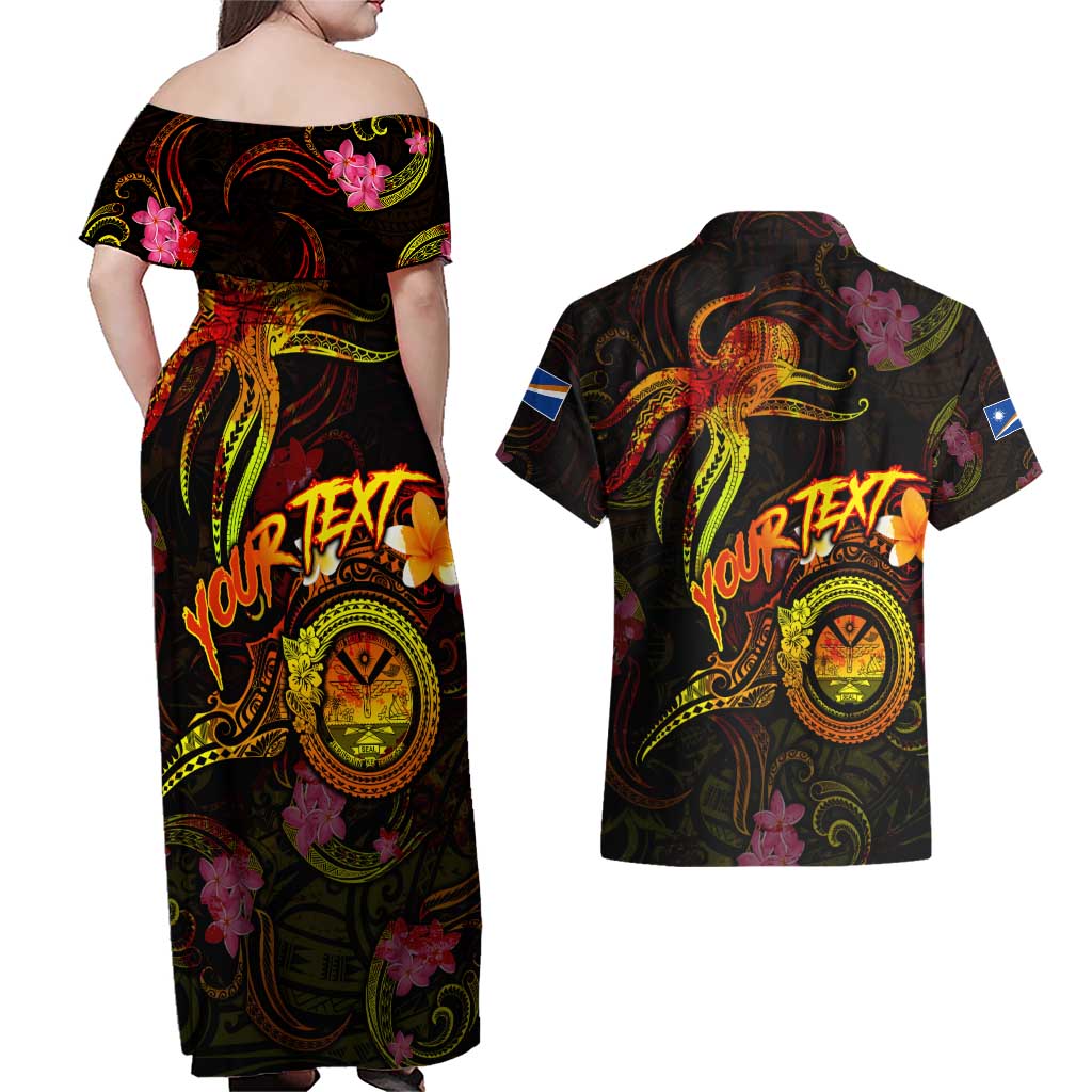 Marshall Islands Couples Matching Off Shoulder Maxi Dress and Hawaiian Shirt Octopus Plumeria Polynesian Tattoo DT02 - Polynesian Pride
