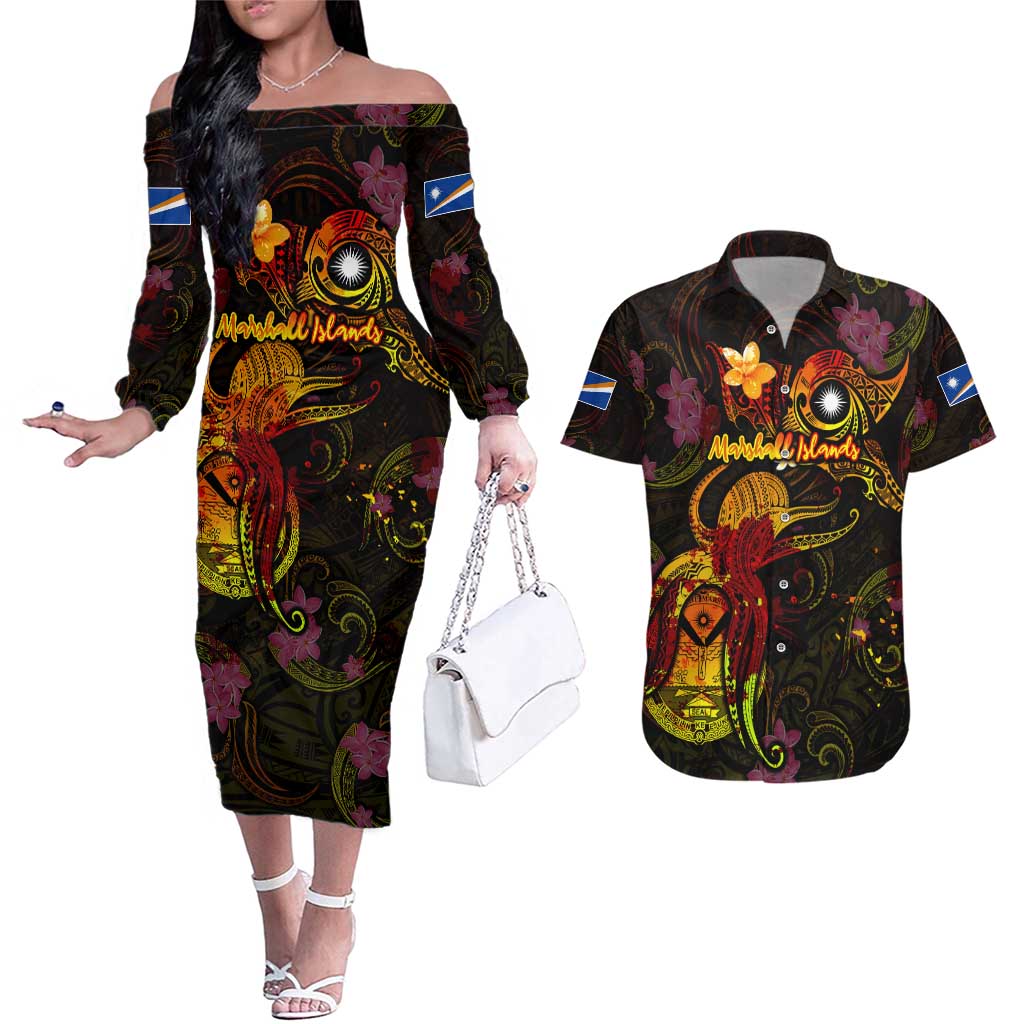 Marshall Islands Couples Matching Off The Shoulder Long Sleeve Dress and Hawaiian Shirt Octopus Plumeria Polynesian Tattoo