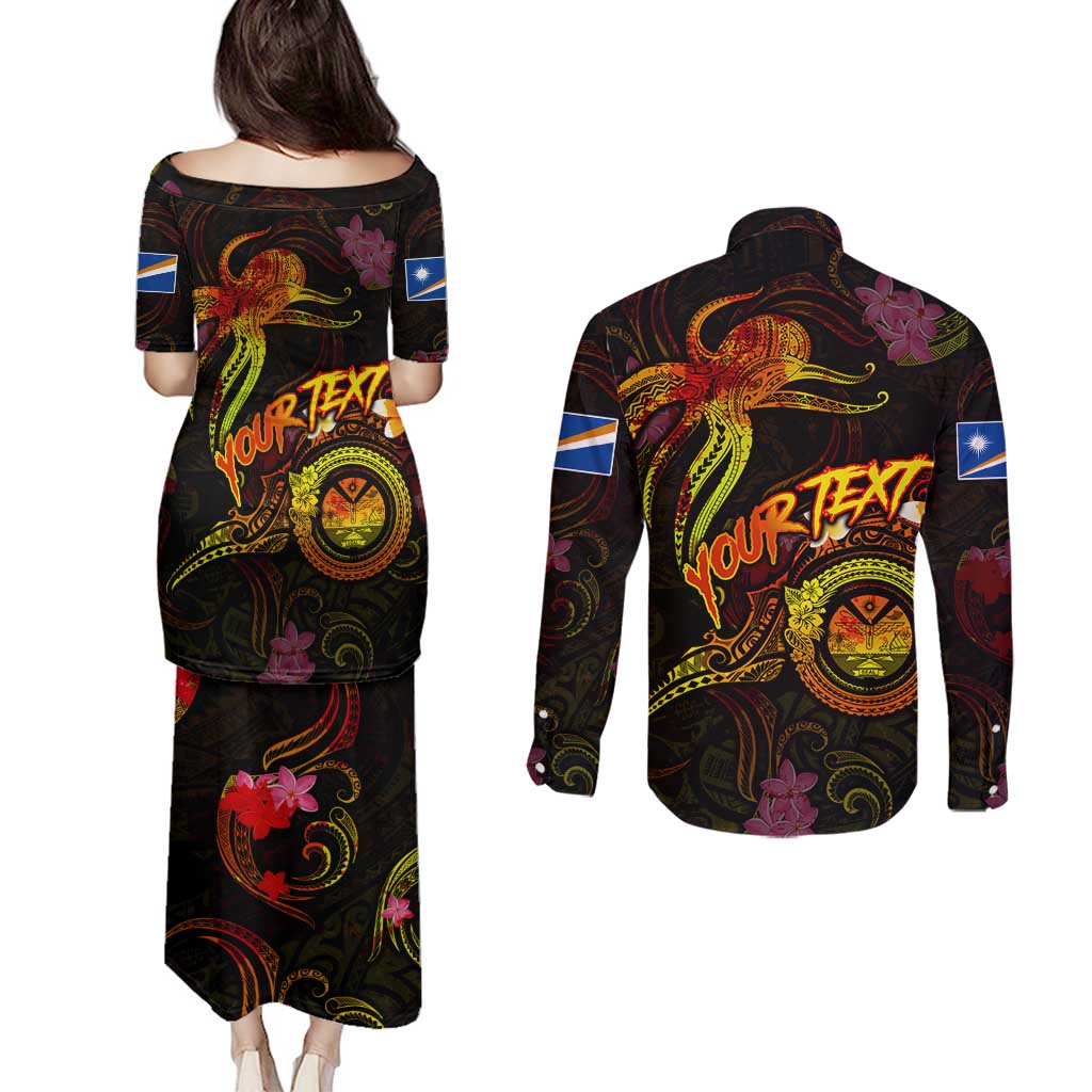 Marshall Islands Couples Matching Puletasi and Long Sleeve Button Shirt Octopus Plumeria Polynesian Tattoo