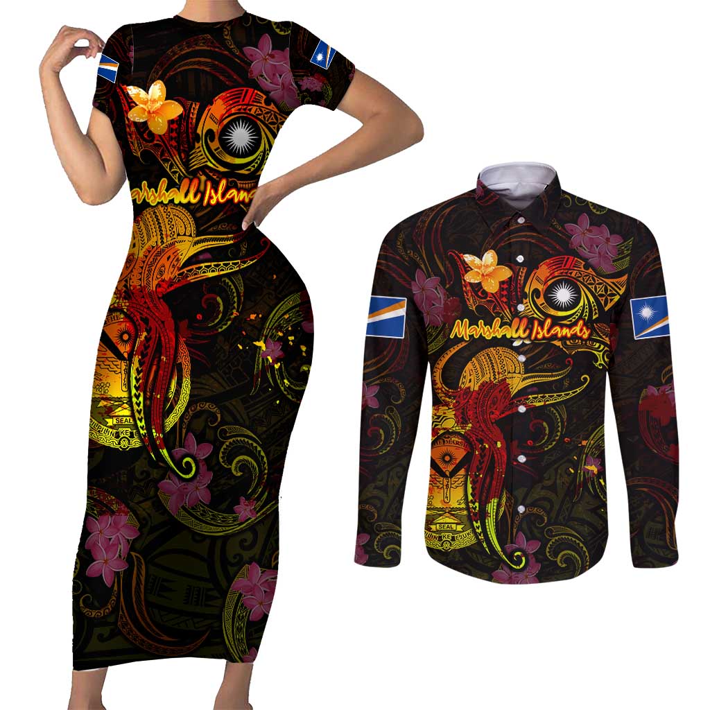 Marshall Islands Couples Matching Short Sleeve Bodycon Dress and Long Sleeve Button Shirt Octopus Plumeria Polynesian Tattoo DT02 Black - Polynesian Pride