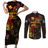 Marshall Islands Couples Matching Short Sleeve Bodycon Dress and Long Sleeve Button Shirt Octopus Plumeria Polynesian Tattoo DT02 Black - Polynesian Pride