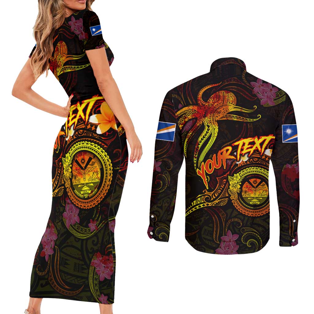 Marshall Islands Couples Matching Short Sleeve Bodycon Dress and Long Sleeve Button Shirt Octopus Plumeria Polynesian Tattoo DT02 - Polynesian Pride