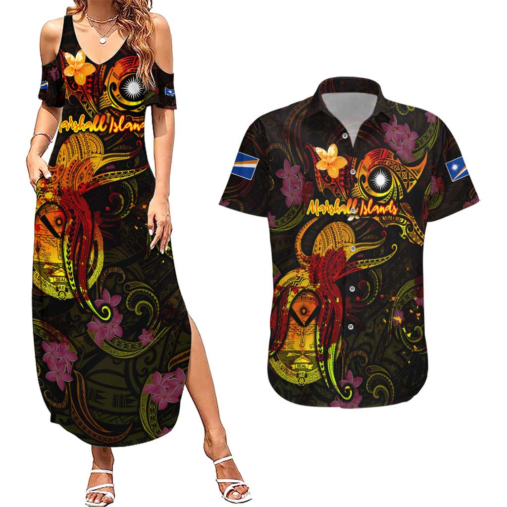 Marshall Islands Couples Matching Summer Maxi Dress and Hawaiian Shirt Octopus Plumeria Polynesian Tattoo DT02 Black - Polynesian Pride