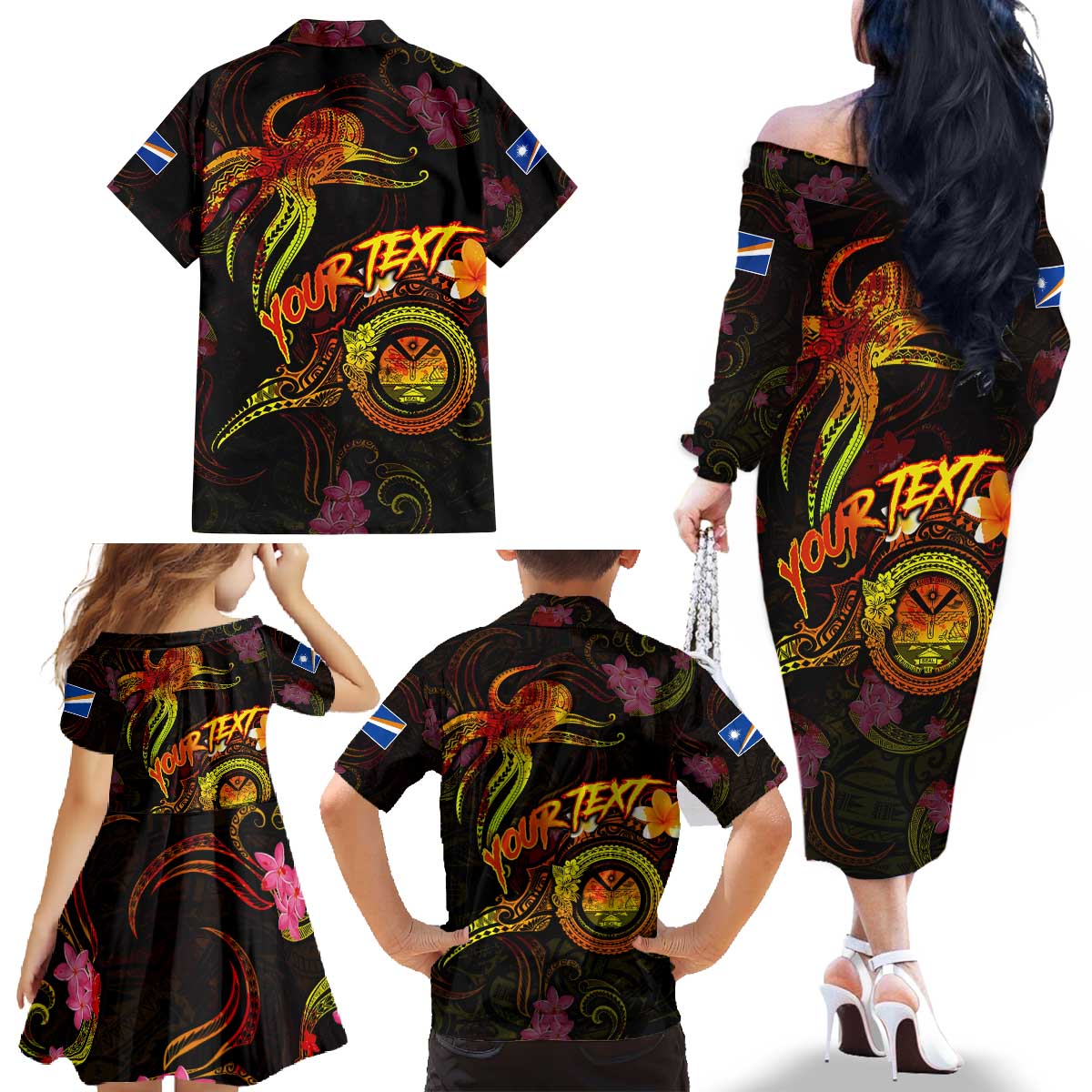 Marshall Islands Family Matching Off The Shoulder Long Sleeve Dress and Hawaiian Shirt Octopus Plumeria Polynesian Tattoo DT02 - Polynesian Pride