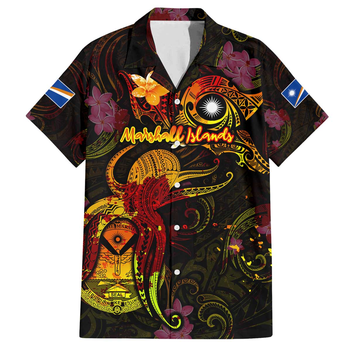 Marshall Islands Family Matching Off The Shoulder Long Sleeve Dress and Hawaiian Shirt Octopus Plumeria Polynesian Tattoo DT02 Dad's Shirt - Short Sleeve Black - Polynesian Pride