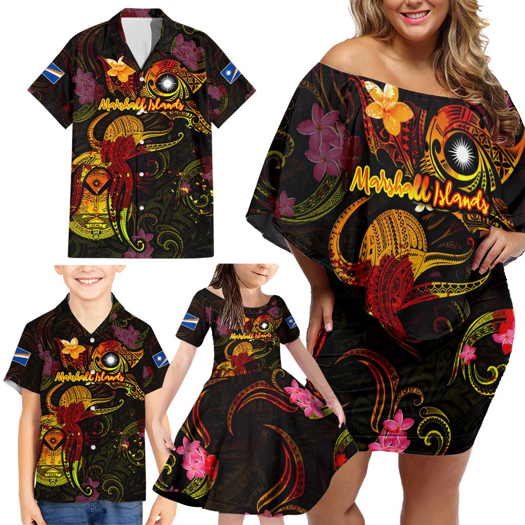 Marshall Islands Family Matching Off Shoulder Short Dress and Hawaiian Shirt Octopus Plumeria Polynesian Tattoo