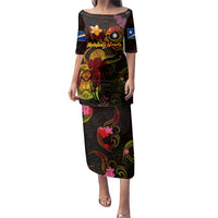 Marshall Islands Family Matching Puletasi and Hawaiian Shirt Octopus Plumeria Polynesian Tattoo DT02 Mom's Dress Black - Polynesian Pride