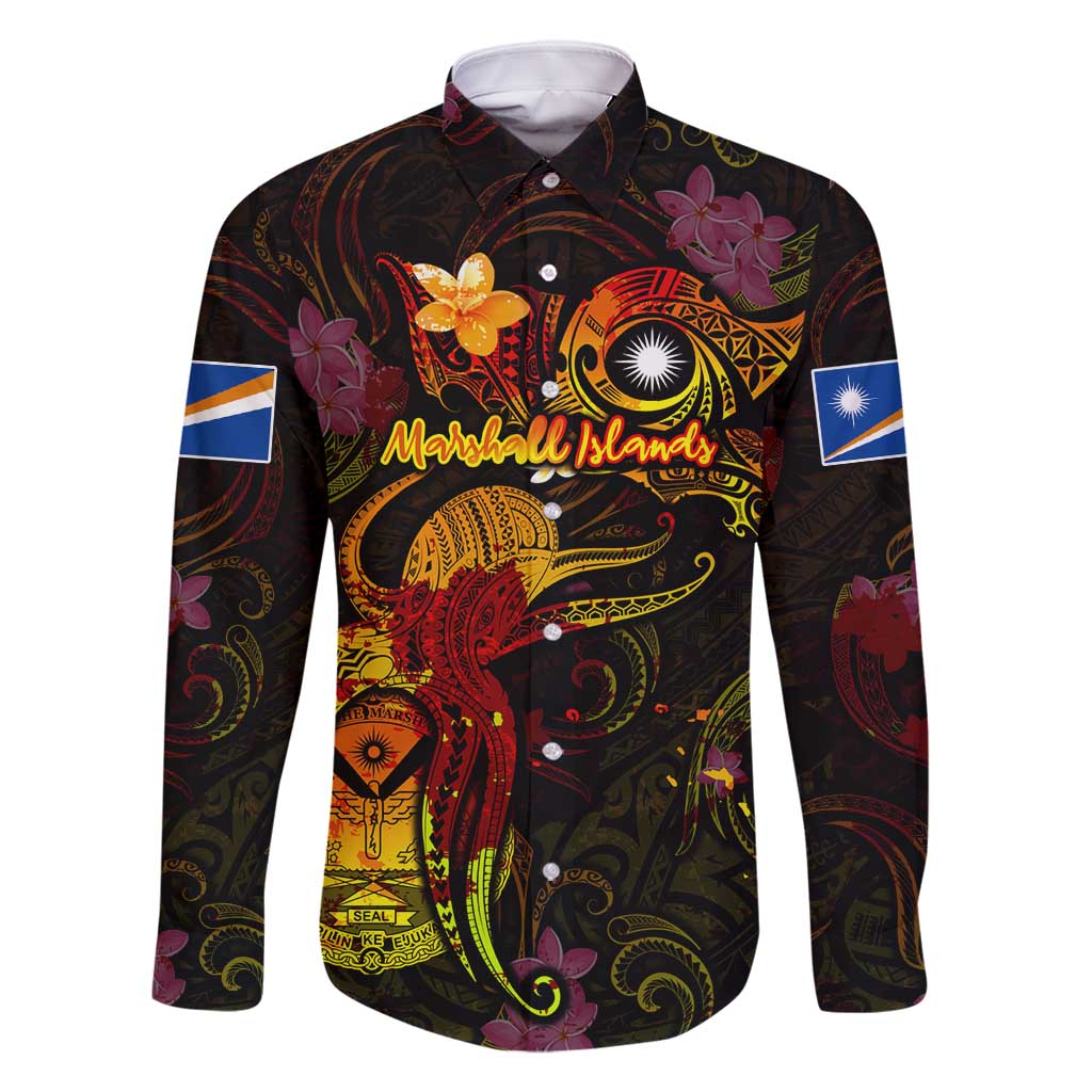 Marshall Islands Family Matching Tank Maxi Dress and Hawaiian Shirt Octopus Plumeria Polynesian Tattoo DT02 Dad's Shirt - Long Sleeve Black - Polynesian Pride