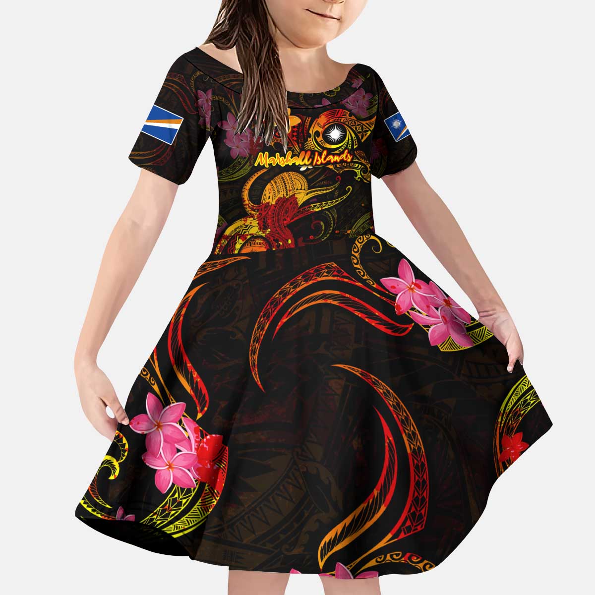 Marshall Islands Kid Short Sleeve Dress Octopus Plumeria Polynesian Tattoo