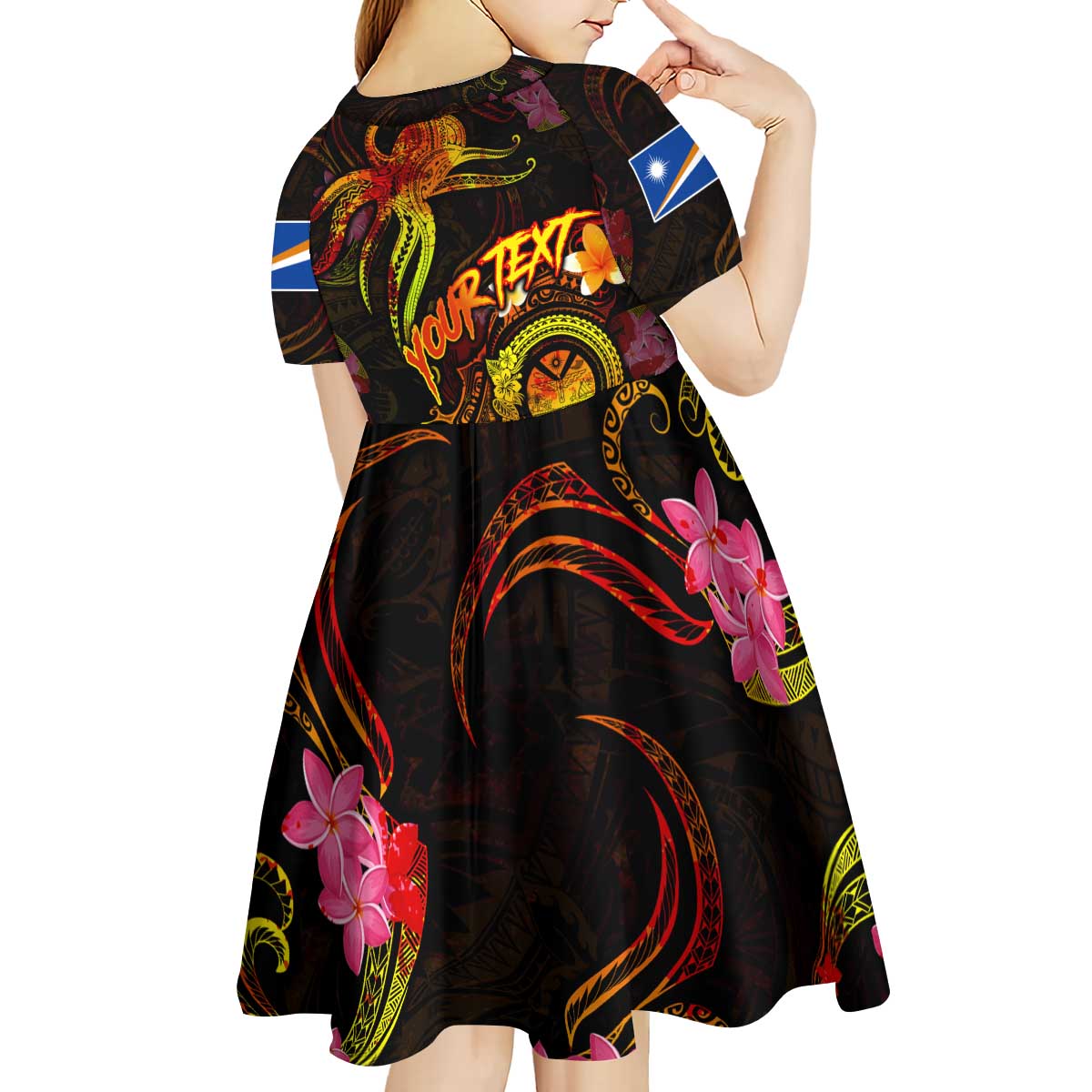 Marshall Islands Kid Short Sleeve Dress Octopus Plumeria Polynesian Tattoo